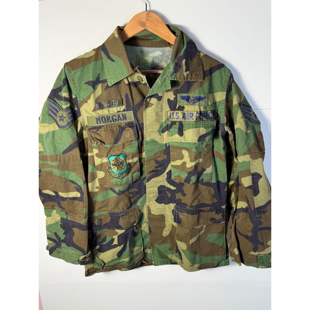 US Air Force BDU Woodland Camo Field Jacket Military Issue Patches Small Regular